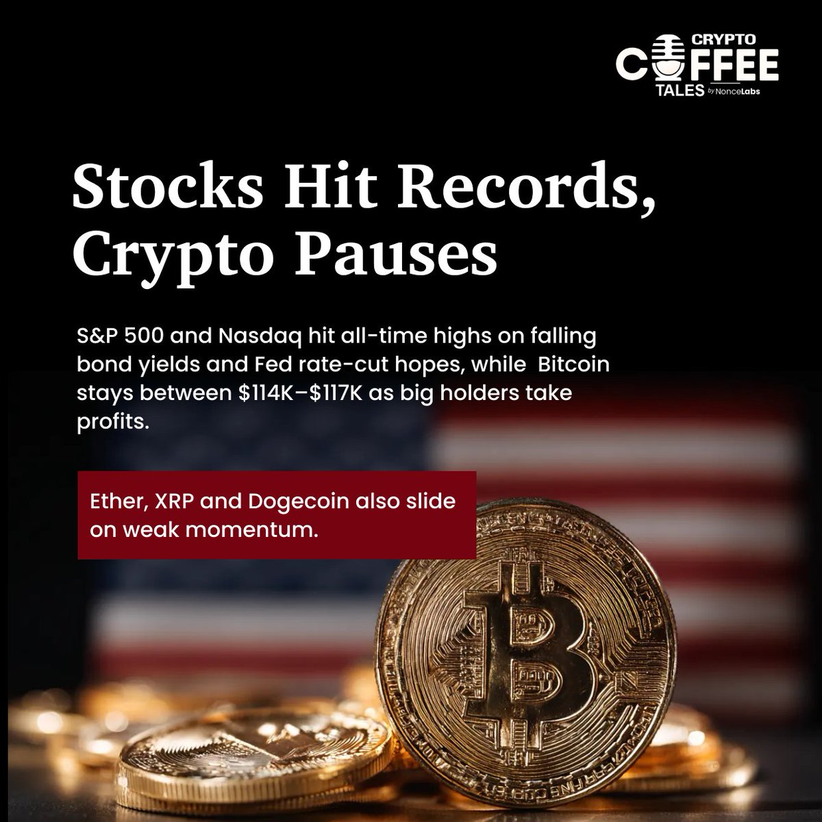 CCTbyNonceLabs's tweet photo. 📈 Stocks at record highs.
⏸️ Crypto on pause.

Investors are betting on a rate cut for stocks, while big crypto holders are taking profits. A rising "fear gauge" hints that volatility could be next.

#Stocks #Crypto #Bitcoin #MarketUpdate #Fed https://t.co/OvPkJLYW12