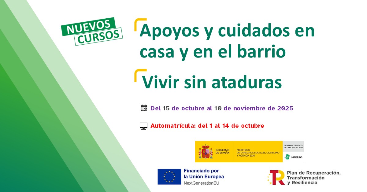 Imserso (@imserso) on Twitter photo 👩💻 Comienza la automatriculación de los cursos «Apoyos en casa y en el barrio» y «Vivir sin ataduras» en la Plataforma de Teleformación del #Imserso que comienzan el 15 de octubre de 2025.
📆Puedes matricularte hasta el 14 de octubre.
➕Información ⤵️
imserso.es/detalle-actual… 👩💻 Comienza la automatriculación de los cursos «Apoyos en casa y en el barrio» y «Vivir sin ataduras» en la Plataforma de Teleformación del #Imserso que comienzan el 15 de octubre de 2025.
📆Puedes matricularte hasta el 14 de octubre.
➕Información ⤵️
imserso.es/detalle-actual…