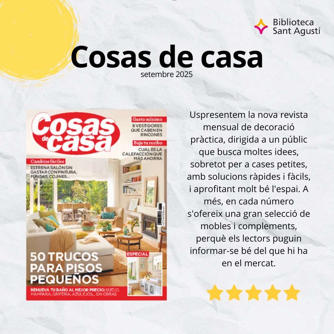 #Recomanaciódeldia “Cosas de casa” setembre 2025

#biblioteca #lecturarecomanada #revista #quèfemalesbiblios <a href="/ajlaseu/">Ajuntament de la Seu d'Urgell</a> #culturalaseu #bibliotequeslle <a href="/bibliotequescat/">Biblioteques</a>