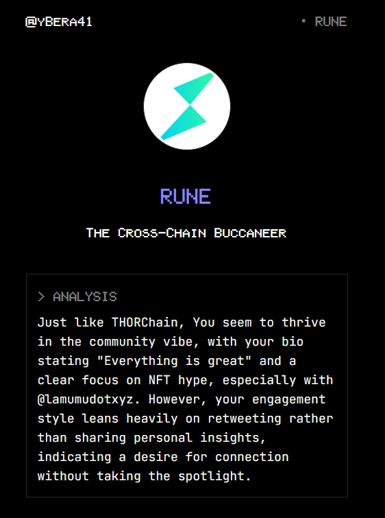 yBera41's tweet photo. According to my twitter data, I give $RUNE vibes.
Bullish?
Try Coinology on https://t.co/x9HZoCXe5y. #datarevolution https://t.co/FcUWN20mYN
