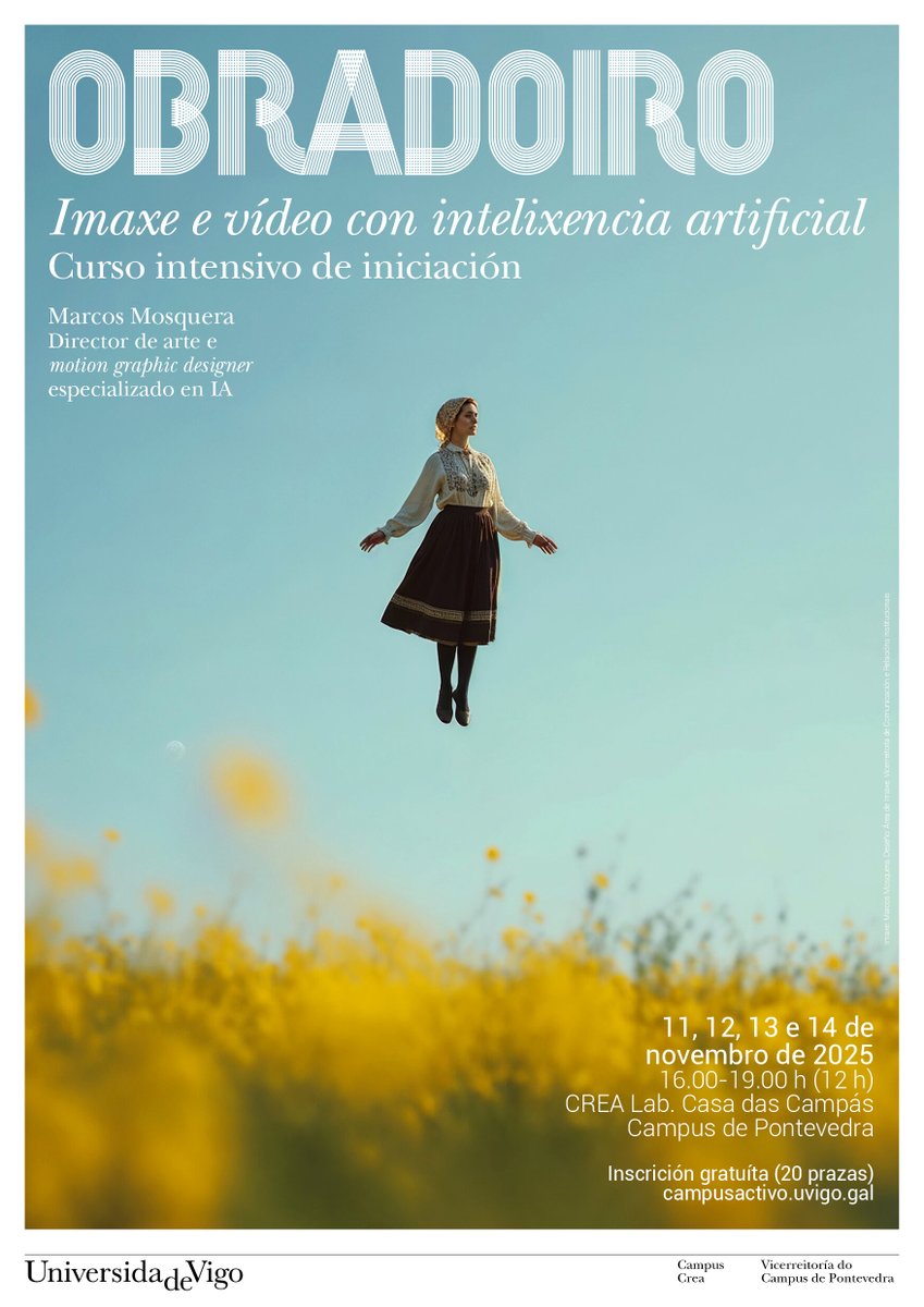 🔴Abertas as inscricións ! 
Novo obradoiro no #CREALAB.
Imaxe e vídeo con intelixencia artificial.
Imparte. Marcos Mosquera. Director de arte e motion graphic designer especializado en IA.
📅11, 12, 13, e 14 de novembro
Inscricións en : campusactivo.uvigo.gal