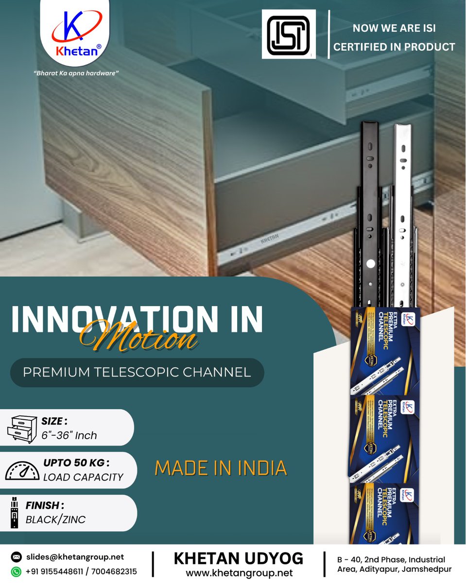 HardwareSamachr's tweet image. Because every drawer deserves a smooth glide. Choose Khetan Telescopic Channels.

#KhetanUdyog #Khetan #Jamshedpur #TelescopicChannels #GasSprings #Hinges #BedFittings #WardrobeAccessories #Furniture #Accessories #FurnitureFittings #HardwareAccessories #HardwareManufacturing
