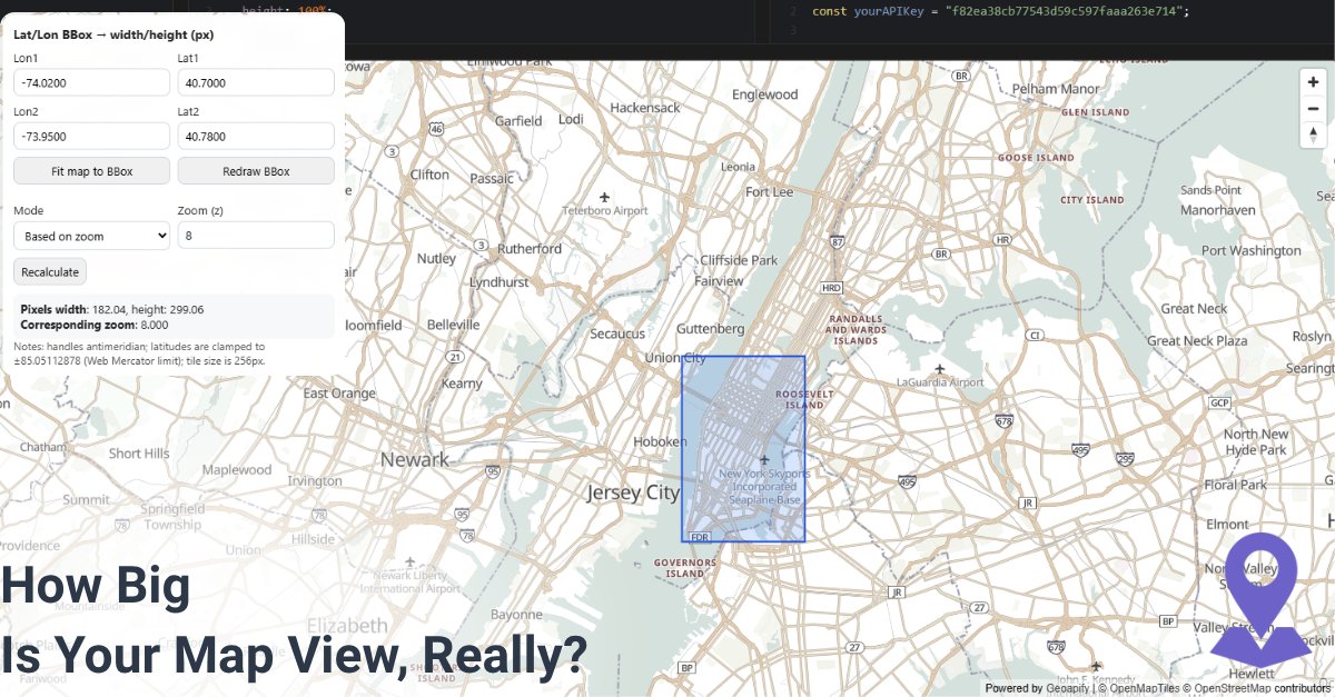 geoapify's tweet image. Need pixel-perfect overlays on a map? 🎯
This CodePen demo shows how to convert a bounding box (lat/lon) → pixel width & height using map zoom + viewport size formulas.
👉 codepen.io/geoapify/pen/d…
#Geoapify #MapLibre #WebDev #Developers #GIS