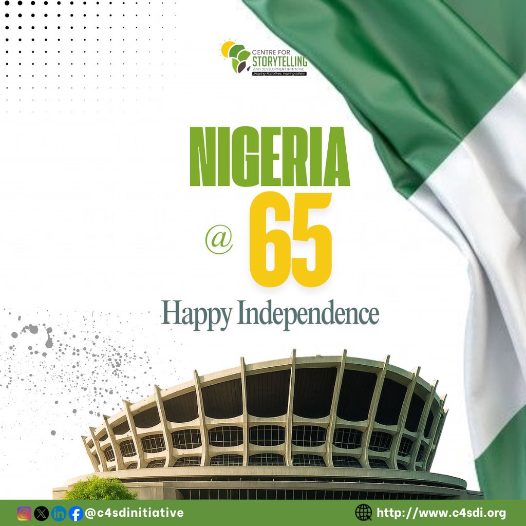 Nigeria is 65 and we celebrate her as a nation 

We pray for more Prosperity in the land 

Happy Independence Day, Nigeria 🇳🇬

#IndependenceDay
#Nigeria
#CSDI
