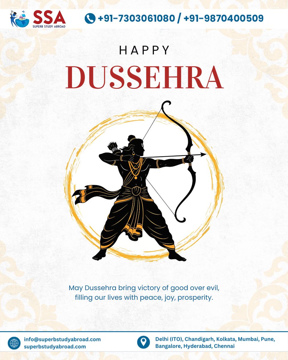 SuperbAbroad's tweet image. Let’s celebrate not just the victory of good over evil, but also the courage to step out, explore the world, and build a brighter future on this Dussehra.

Wishing you peace, prosperity, and success this festive season!

#superbstudyabroad #dusheravibes #dushera #dusheraspecial