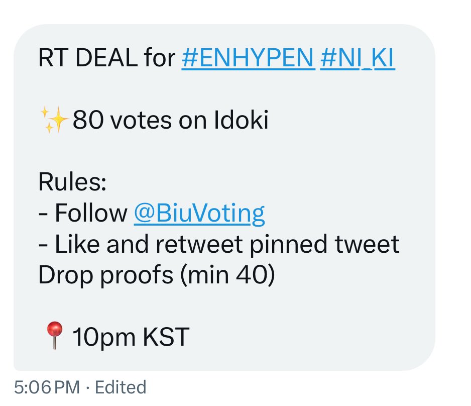 RT DEAL for #ENHYPEN #NI_KI 

✨80 votes on Idoki

Rules: 
- Follow <a href="/BiuVoting/">biu voting DM TO BUY KPOP VOTES</a>
- Like and retweet pinned tweet 
Drop proofs (min 40) 

📍10pm KST