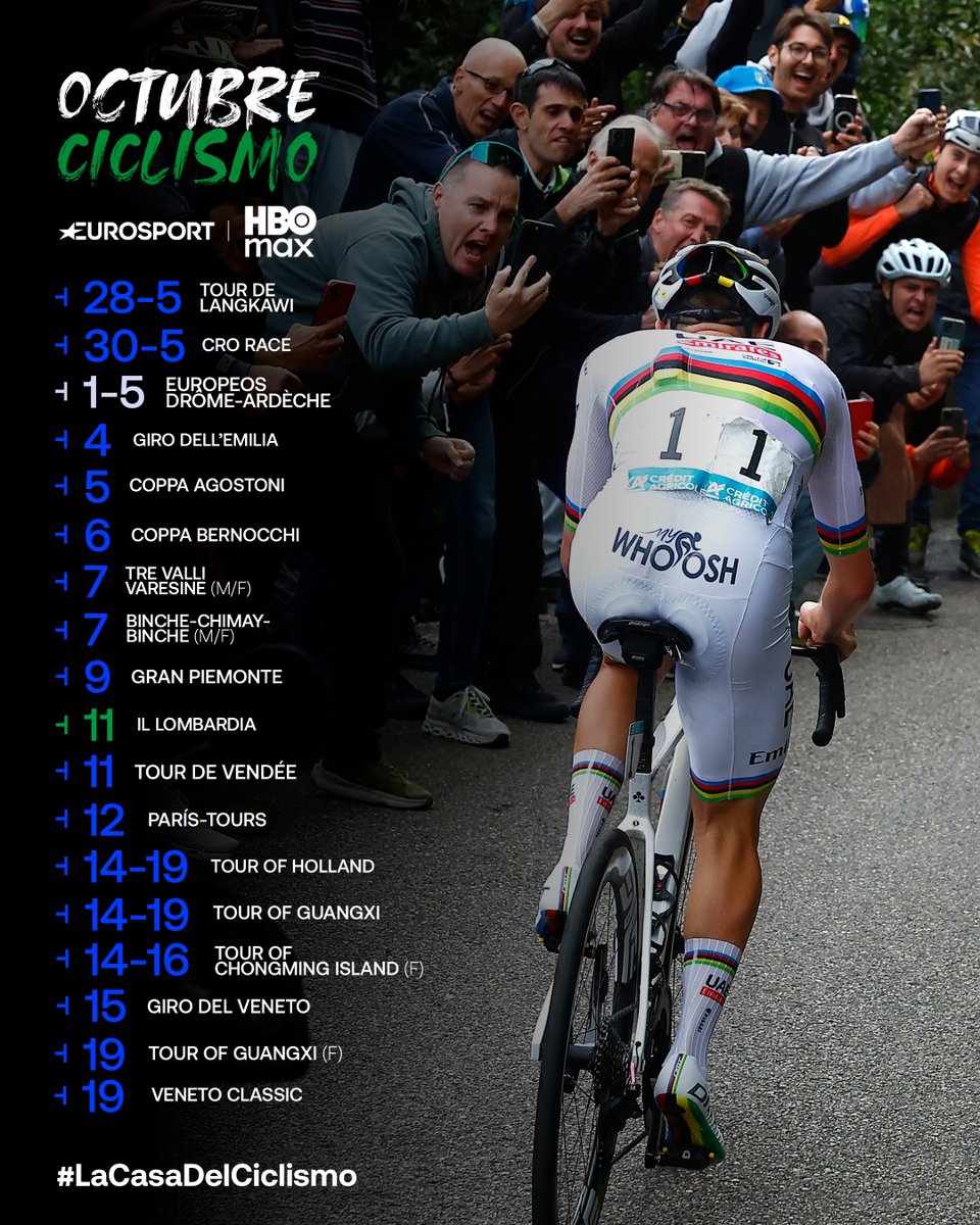 𝐎𝐜𝐭𝐮𝐛𝐫𝐞 pone el broche final a la temporada de ciclismo.

◾ Campeonatos de Europa
◾ Giro dell'Emilia
◾ Tres Valles Varesinos
◾ Gran Piemonte
◾ IL LOMBARDÍA

🔗 TODO EN <a href="/Eurosport_ES/">Eurosport.es</a> y <a href="/StreamMaxES/">HBO Max España</a>.