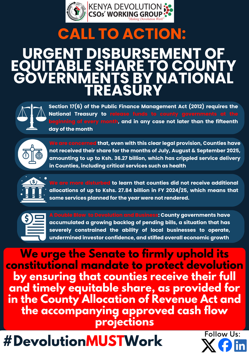 KDCWGke's tweet photo. ๐ขCALL FOR URGENT RELEASE OF COUNTY FUNDS
Counties have not received their full equitable share for JulyโSeptember 2025, totaling Ksh. 36.27B, crippling service delivery.
We urge the National Treasury & Senate to act NOW & protect Devolution! #DevolutionMUSTWork #TimizaUgatuzi https://t.co/wt9w5EeHKx