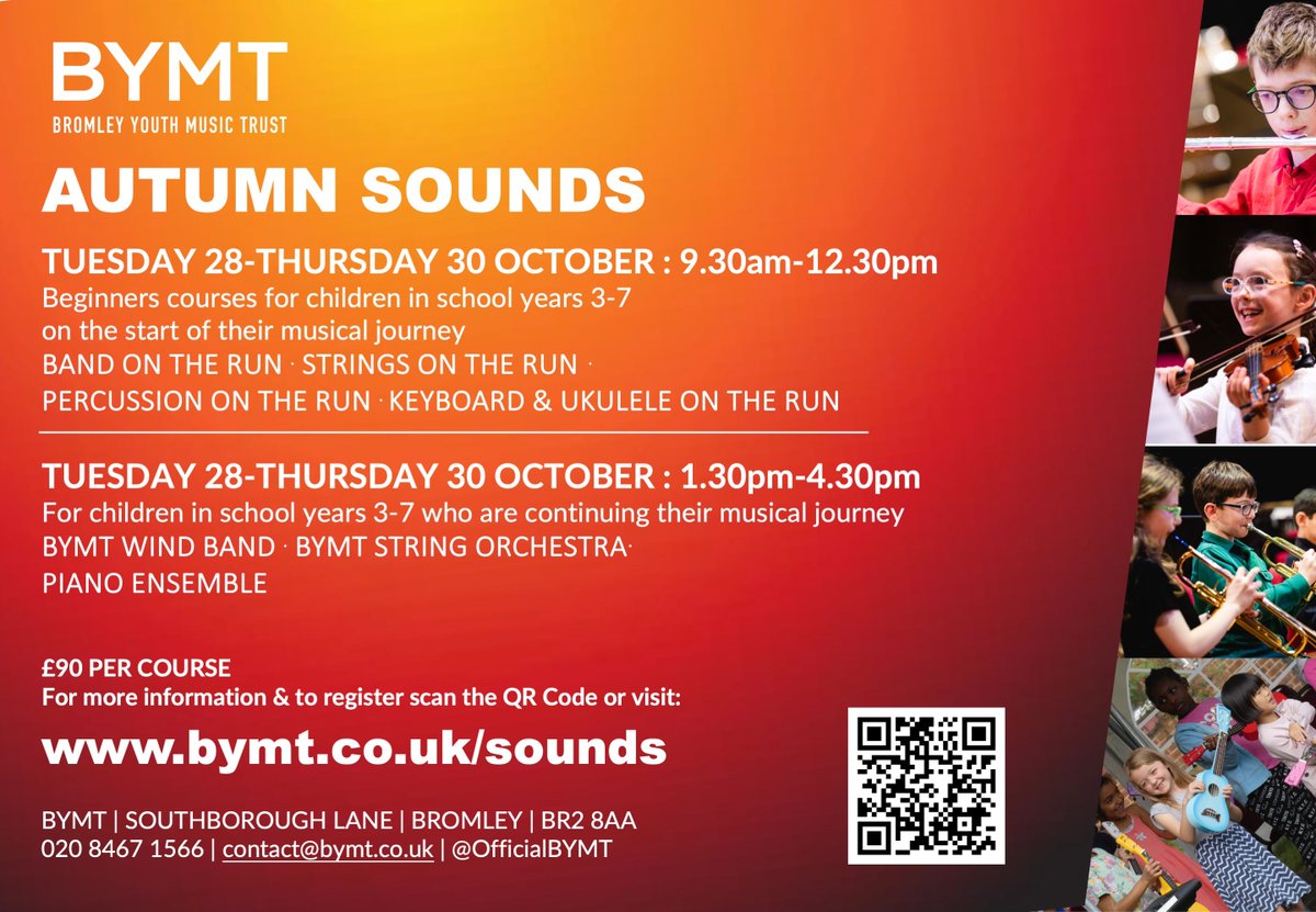 Whether you are on the start or continuing your musical journey join us this October half term for BYMT Autumn Sounds! We have courses for wind, brass, strings, percussion, keyboard &amp; ukulele. For more information &amp; to register visit: bymt.co.uk/sounds