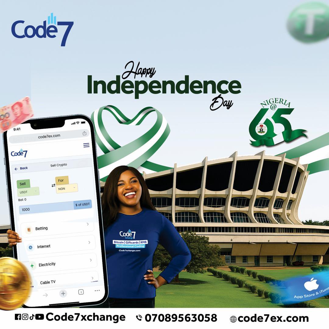 code7ex's tweet photo. Happy Independence Day Nigeria 🇳🇬

Today we join our customers across the country to celebrate Nigeria’s 65th Independence Anniversary.

Happy 65th Independence Day Nigeria 🇳🇬 https://t.co/eOgWQksUjM