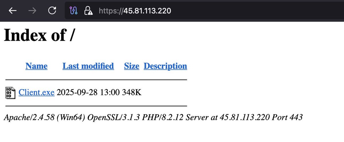 ShanHolo's tweet image. 🚨#Opendir #Malware🚨

hxxps://45.81.113.220/

⚠️#QuasarRAT 
☣️📸Client.exe➡️efffe2afbc5d8a0ad85b16155f0e1ed6
📡📸tcp://45.81.113.220:1605