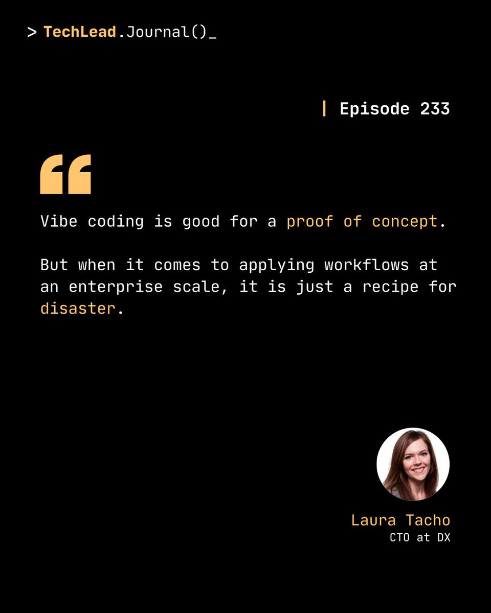 techleadjournal's tweet image. A sharp and timely warning about the limits of AI-driven &quot;vibe coding&quot; from Laura Tacho @rhein_wein on the new Tech Lead Journal episode.

This episode explores the need for constraints and boundaries to use AI effectively.

Watch the full episode here:
youtu.be/7V6UmaPXDc8?si…