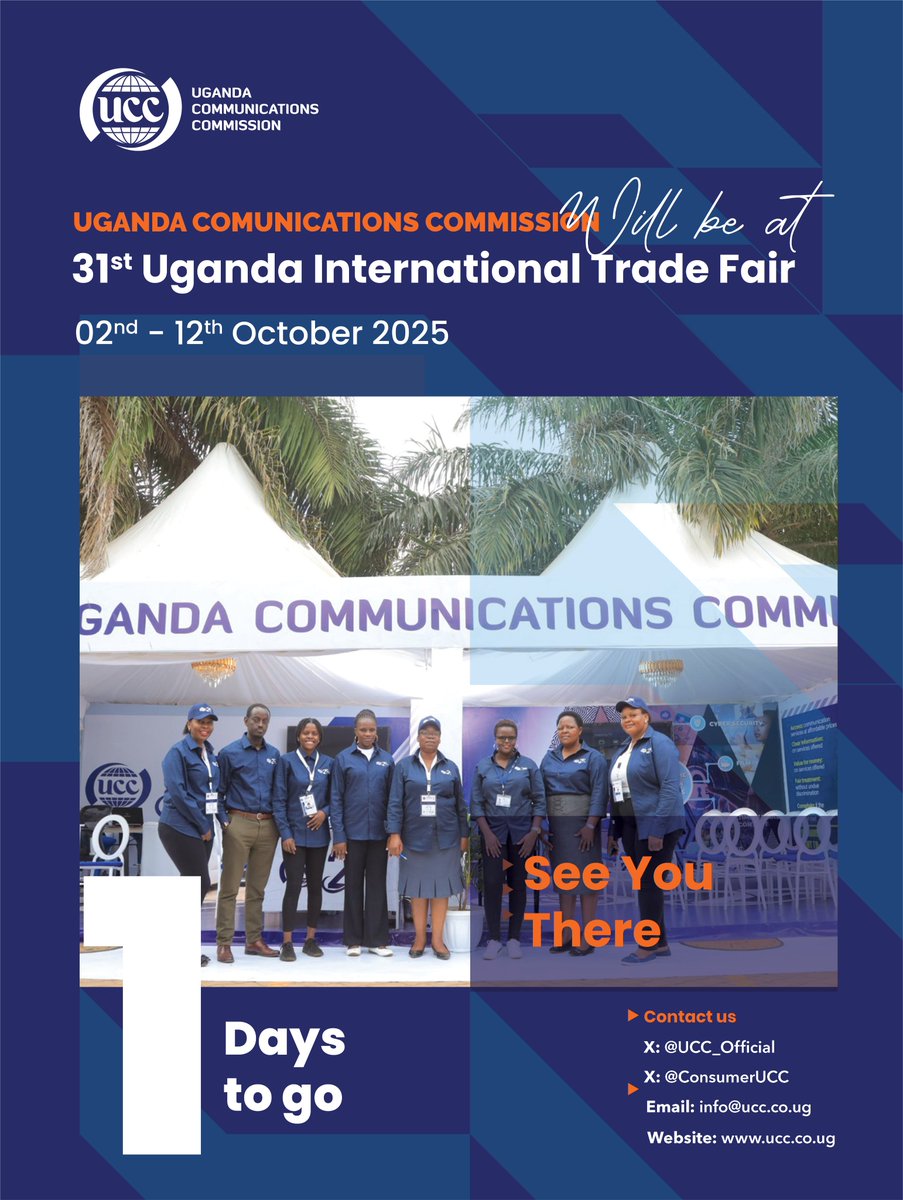 ConsumerUCC's tweet photo. It's finally here! The Uganda International Trade Fair starts tomorrow!. UCC is ready to engage with you, provide insights, and empower you with digital safety tips and more. Don't miss out!
#UCC #UGITF
@bbossa @UCC_Official @MoICT_Ug @UgCERT @UCC_ED https://t.co/d9vO0Ctku5