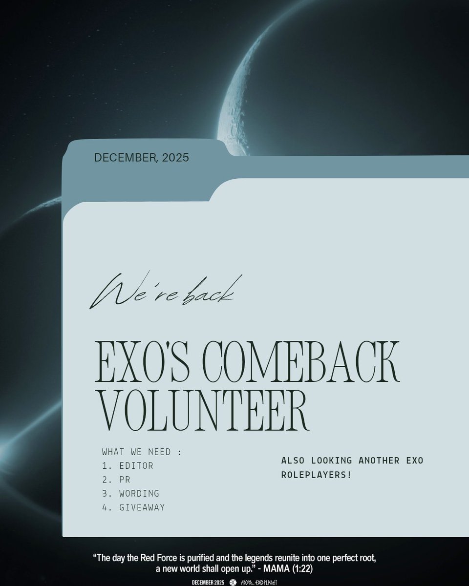 The countdown begins… EXOZONE is shouting out to every EXO roleplayer and volunteer making this comeback project shine brighter! Want in on the fun? Sign up here: s.id/lKT0u.