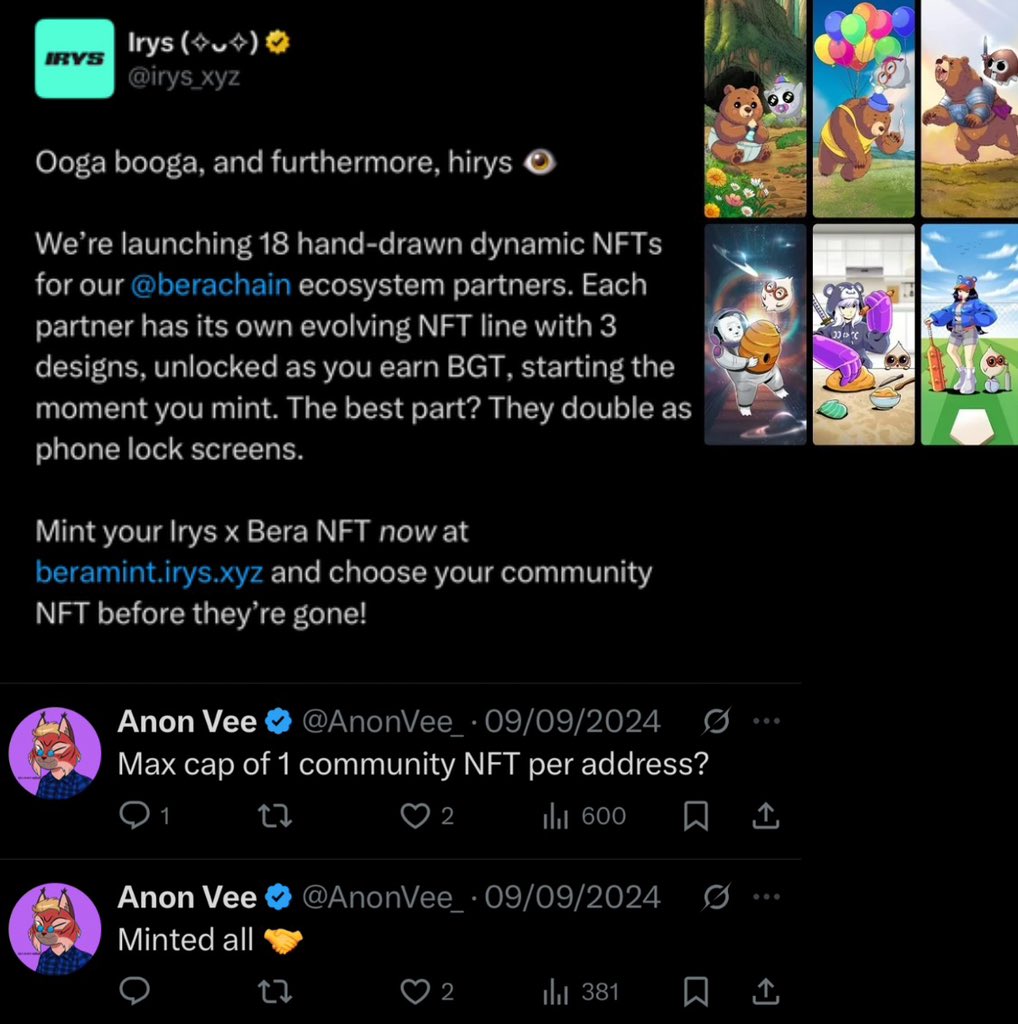 Are you aware that <a href="/irys_xyz/">Irys (✧ᴗ✧)</a> launched a collection of eighteen nfts on berachain?

Prolly there might be a reward for this on irys mainnet

Fun fact: <a href="/AnonVee_/">Anon Vee</a> minted this😅