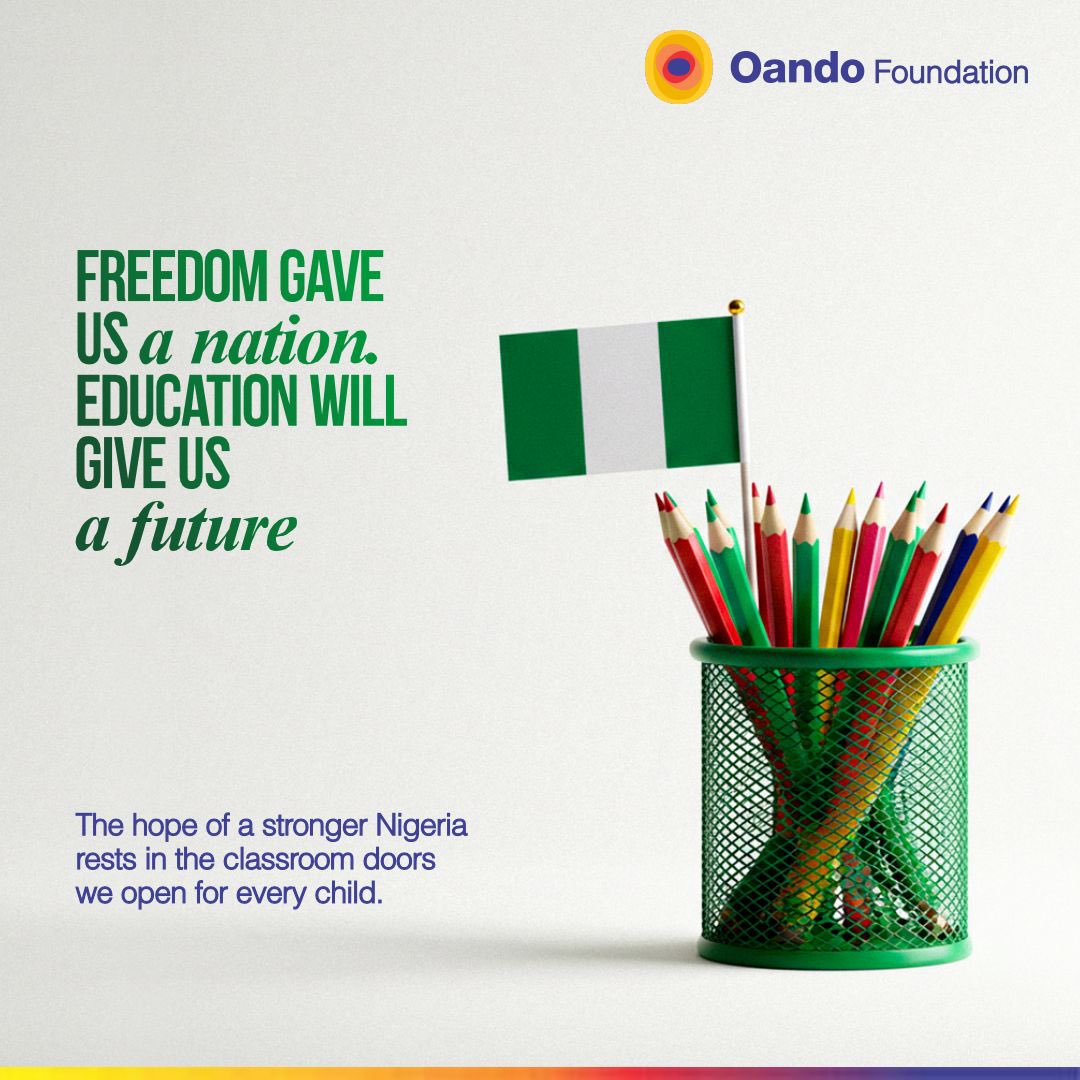 Sixty-five years of resilience, progress, and possibility.
 
This #IndependenceDay, Oando Foundation celebrates Nigeria’s resilience and the collective effort shaping its future.
 
#NigeriaAt65 #IndependenceDay #EducationForAll