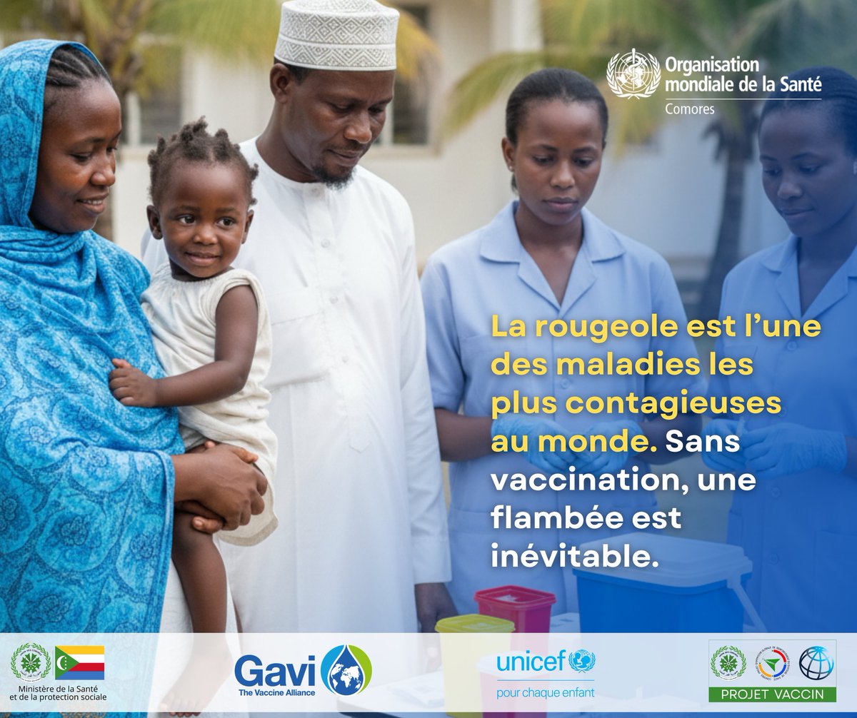 OMSComores's tweet photo. #Vaccination | 🚨 J-3 ! 

Du 4 au 8 octobre, les Comores lancent une campagne nationale de vaccination contre la #rougeole et la #rubéole. 

Le Ministère de la Santé, avec l’appui de l’OMS, l’UNICEF, @gavi et ses partenaires, est à pied d’œuvre pour protéger chaque enfant 🇰🇲. https://t.co/E2hDy6C1OU