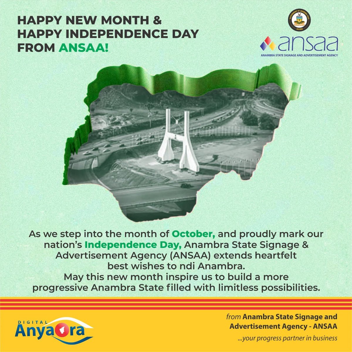 🇳🇬 As we step into the month of October and proudly celebrate our Nation’s Independence Day, ANSAA extends her heartfelt best wishes to ndi Anambra.

May this new month inspire us all to work together towards building a more progressive Anambra State.