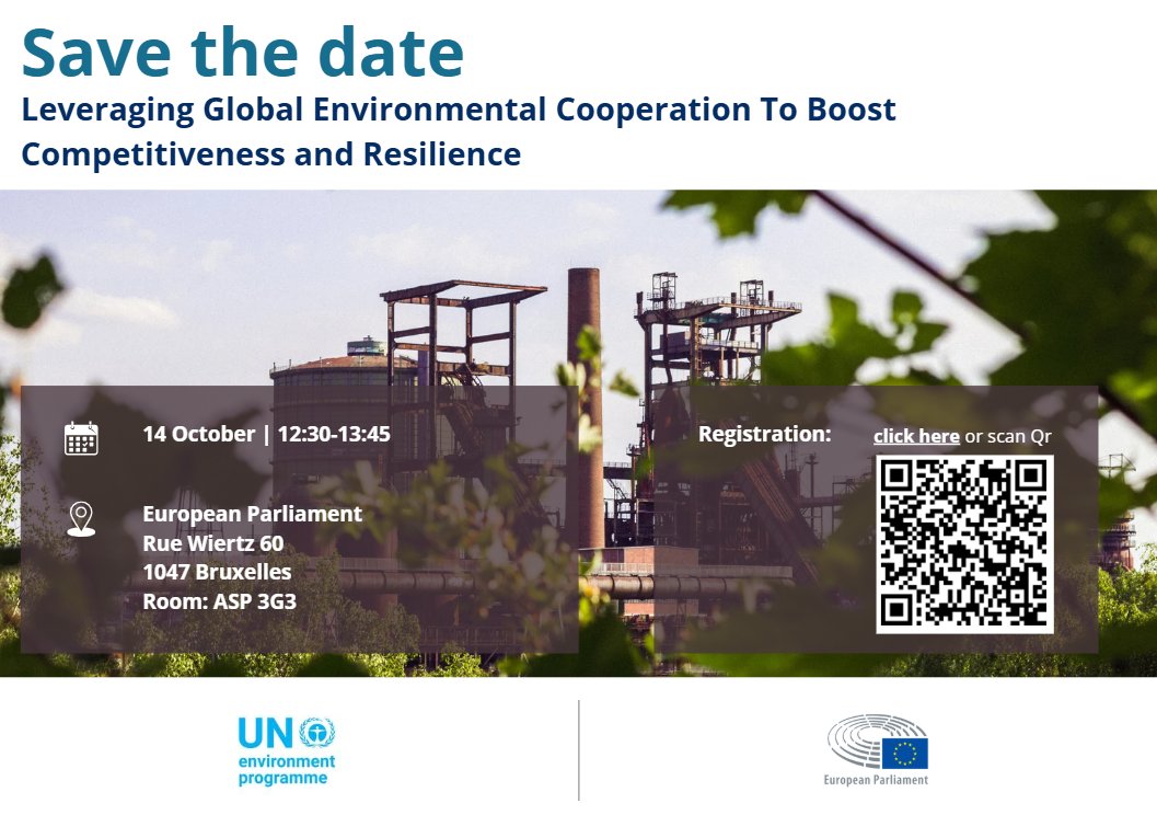 📣 Join us on 14 October, 12:30 - 13:45 CET at the <a href="/Europarl_EN/">European Parliament</a> for a high-level event on global environmental cooperation &amp; benefits for EU competitiveness &amp; resilience. Hosted by <a href="/UNEP/">UN Environment Programme</a>  &amp; <a href="/Antonio_Decaro/">Antonio Decaro</a>.
📝Register for in-person attendance by Oct 8:  
🌐indico.un.org/event/1019372/