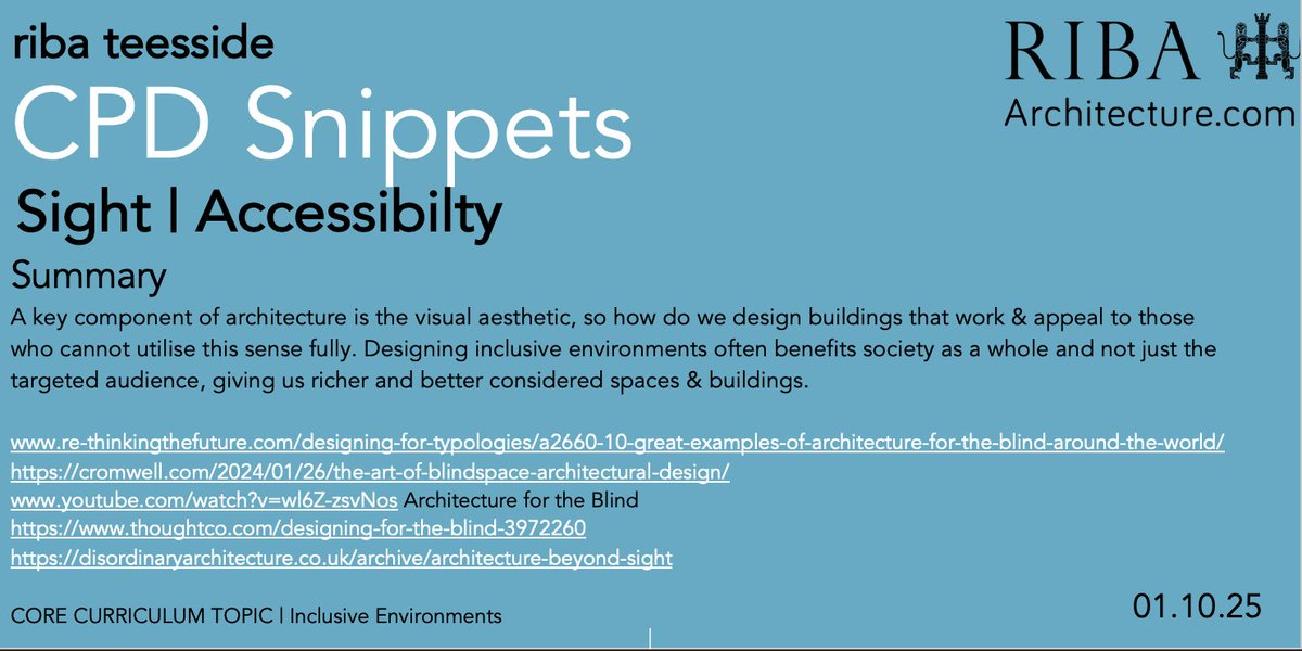 RibaTees's tweet image. #CPDSnippets this week looks at designing for #sightloss
links
re-thinkingthefuture.com/designing-for-…
cromwell.com/2024/01/26/the…
youtube.com/watch?v=wl6Z-z… Architecture for the Blind
thoughtco.com/designing-for-…
disordinaryarchitecture.co.uk/archive/archit…
@RIBANorthEast @RIBA @RIBA_YAPF @RIBANorth #architecture