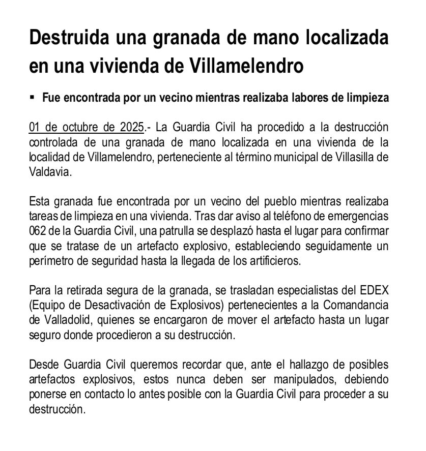 Destruida una granada de mano localizada en una vivienda de Villamelendro 

#guardiacivilpalencia 
#SeguridadCiudadana