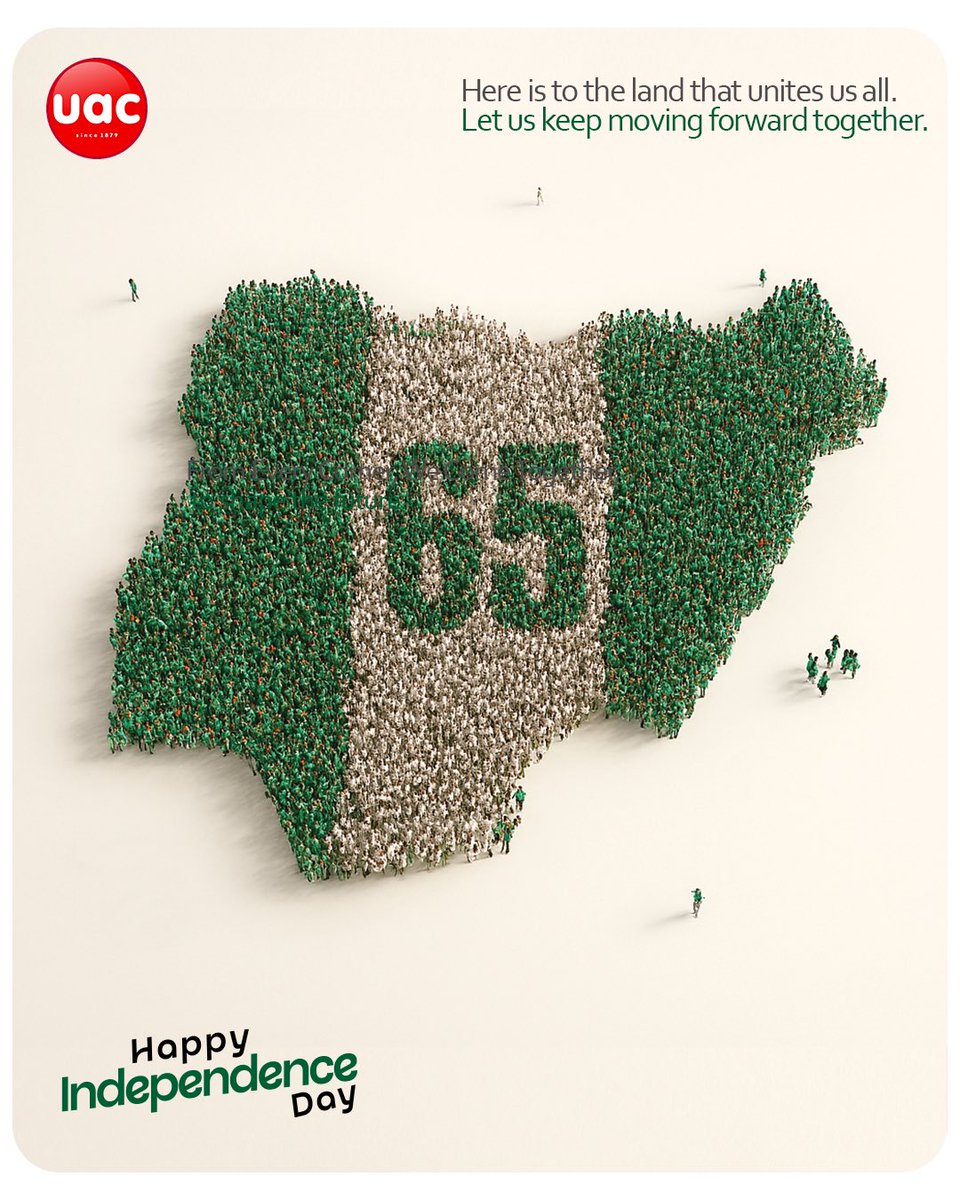 This Independence Day, we honor Nigeria’s journey. 

For 65 years, our strength has been in our unity and resilience. 

Together, we keep believing, building, and working towards a brighter future for all. 

Happy Independence Day!
#independenceday2025 #nigeriaAt65 #uacnofficial