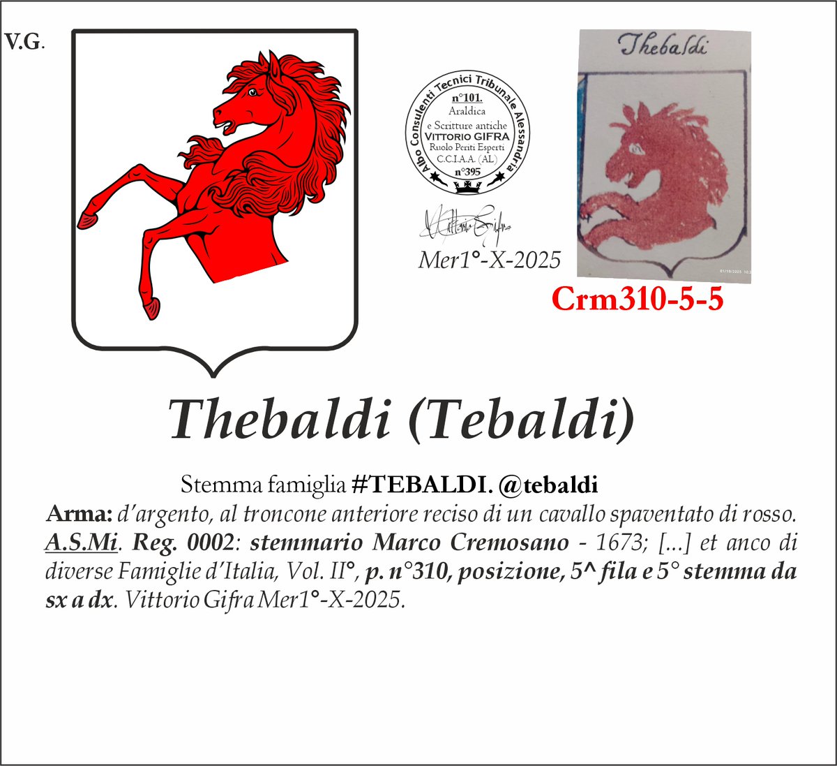 VGIFRA's tweet photo. Stemma famiglia #TEBALDI. @tebaldi
Arma: d’argento, al troncone anteriore reciso di un cavallo spaventato di rosso. A.S.Mi. Reg. 0002: stemmario Marco Cremosano - 1673; [...] et anco di diverse Famiglie d’Italia, Vol. II°, p. n°310, posizione, 5^ fila e 5° stemma da sx a dx. Vittorio Gifra Mer1°-X-2025.