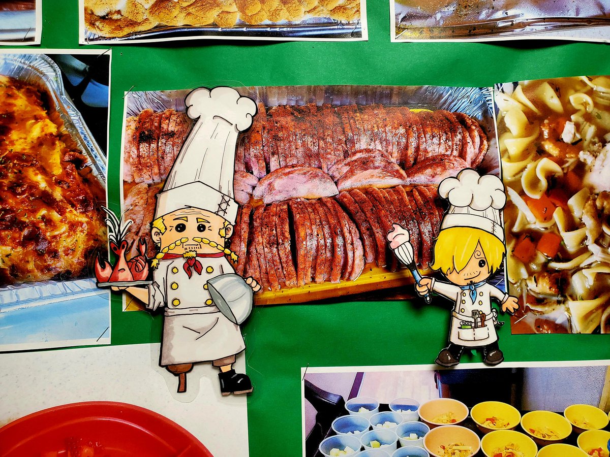 PurpleTired's tweet photo. Sooo, Irl I'm the cook at a daycare/school for kids from infant to schoolage (before and after school and summer care for the older ones).

Here's my menu board and food wall!

#onepiece #sanji #zeff #baratie #imterriblewithtags #sendhelp https://t.co/1ae7Pkapi8