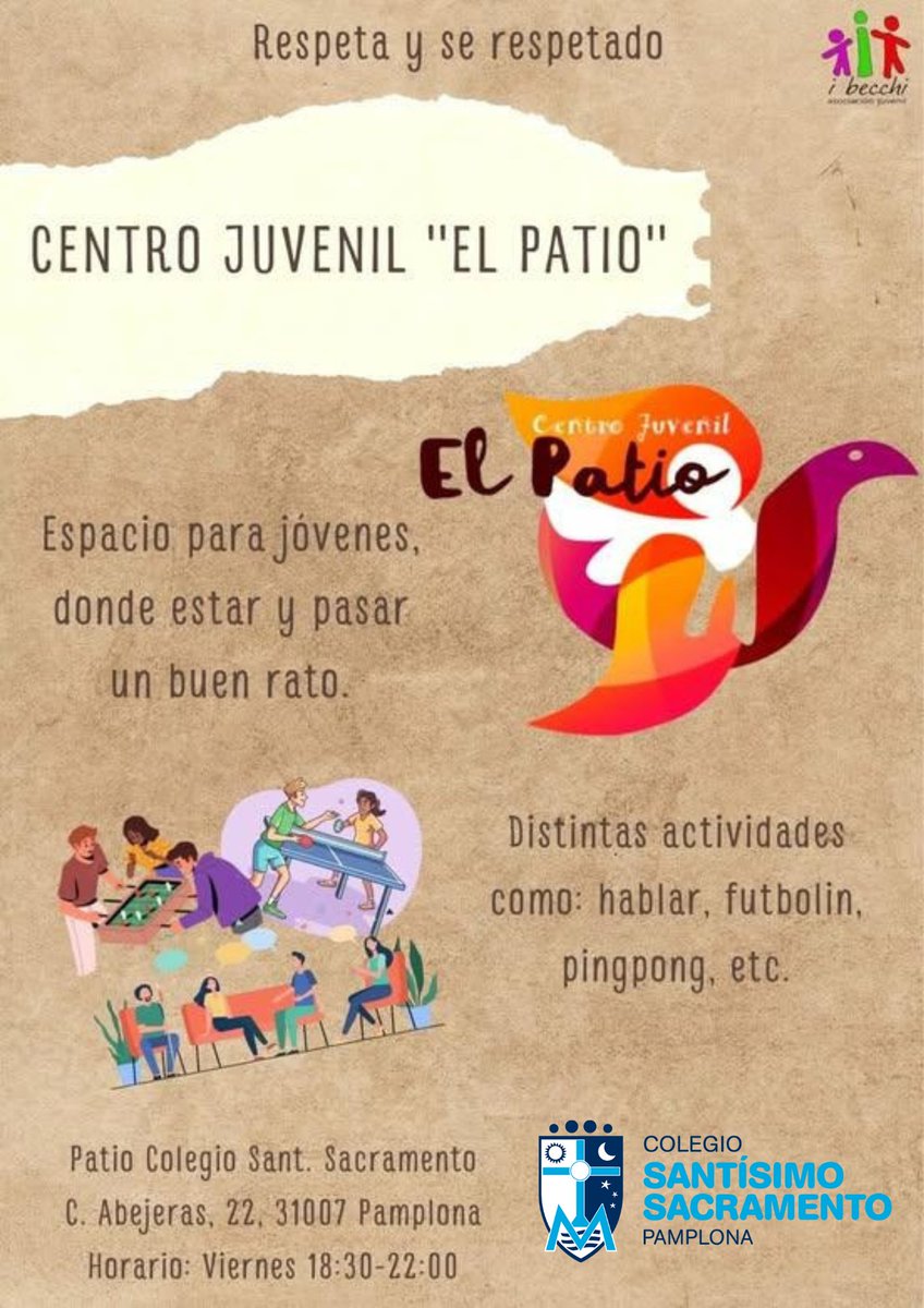 ColeSantisimoS's tweet image. 🎉 ¡Vuelve El Patio! Todos los viernes de 18:30 a 22:00 en el Colegio Santísimo Sacramento 🏀🎮 Para jóvenes desde 12 años: fútbol, juegos, PlayStation y buen rollo 🙌 No necesitas inscribirte. ¡Solo ganas de pasarlo bien! #ElPatio #TiempoLibre #Juventud #Pamplona