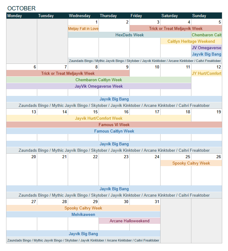 arcanecalendar's tweet photo. October is packed, my friends... and quite kinky!

Finally, the first monthly overview that I have announced... way too long ago lol https://t.co/5VxgteT9KO
