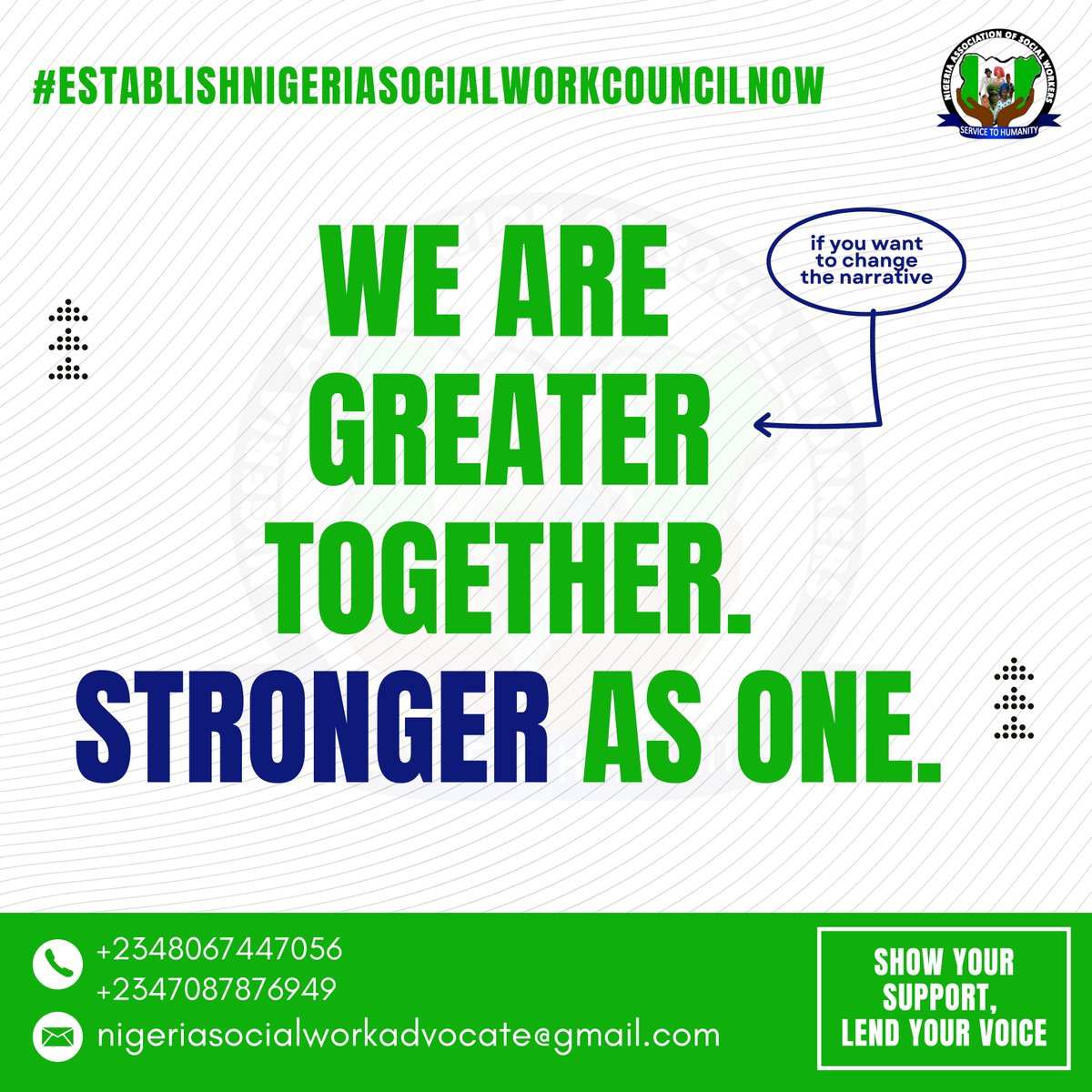 NGSocialWorkers's tweet photo. A Social Work Council is a national necessity. It will identify and certify qualified professionals, remove impostors, promote ethics and accountability, and protect those affected by trauma, crisis, and neglect. #October1st 
#EstablishNigeriaSocialWorkCouncilNow
@officialABAT https://t.co/QXOxaaWudD