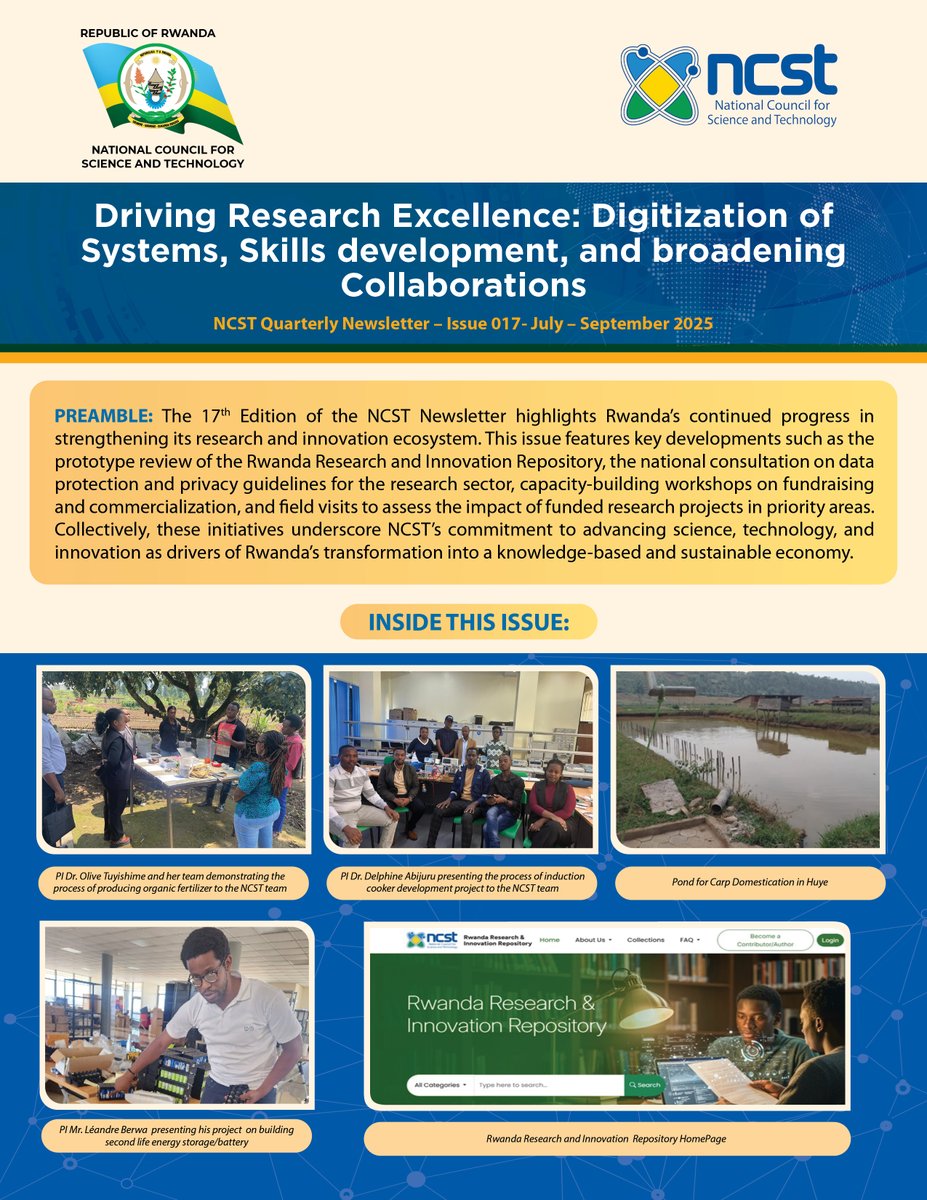NCST Newsletter - Issue 017 is out! Highlights include:
✅ Rwanda Research &amp; Innovation Repository prototype
✅ Data protection &amp; privacy consultation
✅ Fundraising &amp; commercialization workshops
✅ Impact visits to funded projects
👉 Read here: shorturl.at/rZRNX