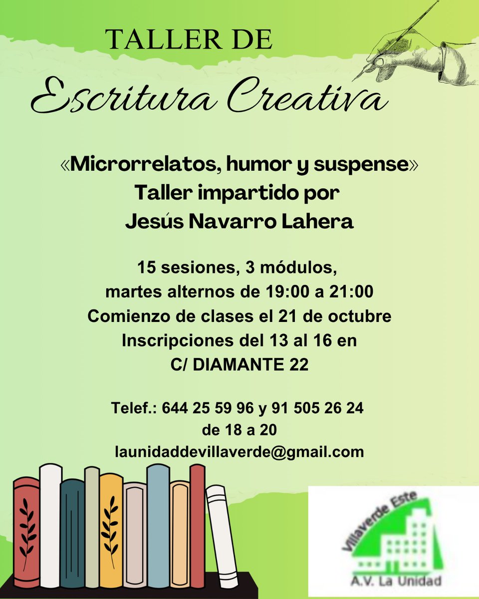 ✨✍️TALLER DE ESCRITURA CREATIVA✍️✨

📍 15 sesiones, 3 módulos, martes alternos de 19h a 21h
⌛️ Comienza el 21 de octubre