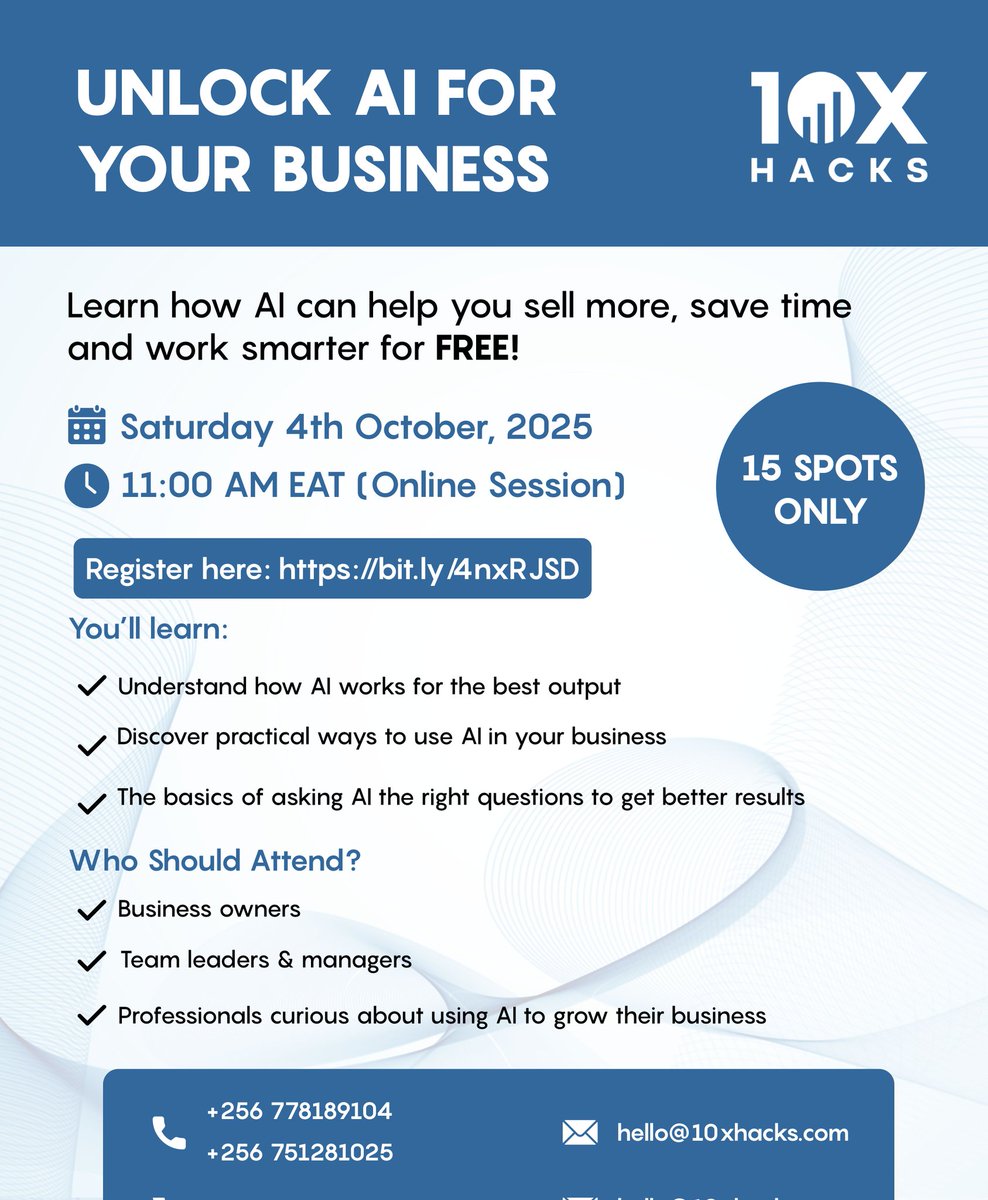 If you’re a business owner, team leader or manager, this session is for you.

Join us this Saturday at 11:00AM EAT as we explore how to unlock business growth with AI in simple, practical ways.

👉 Register here: bit.ly/4nxRJSD