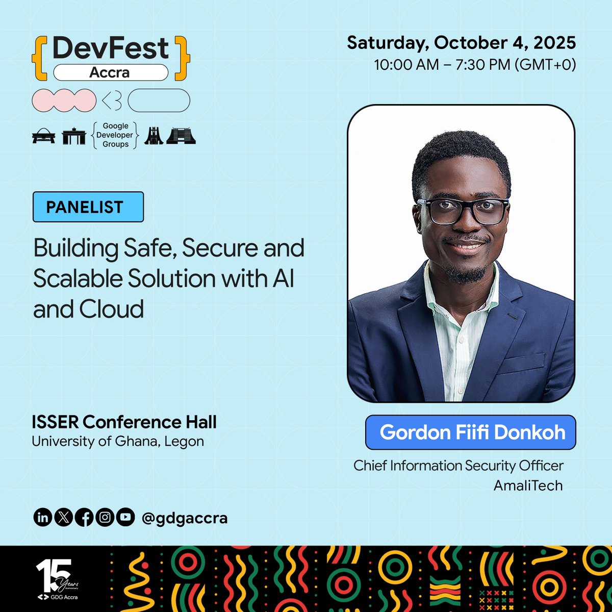 The countdown is on for DevFest Accra 2025!

Happening Saturday, Oct 4th, this flagship event by <a href="/GDGAccra/">GDG Accra | #DevFestAccra</a> brings together Ghana’s top developers, innovators &amp; tech leaders for future-shaping conversations. AmaliTech is proud to sponsor this year’s edition!

Our CISO, Gordon
