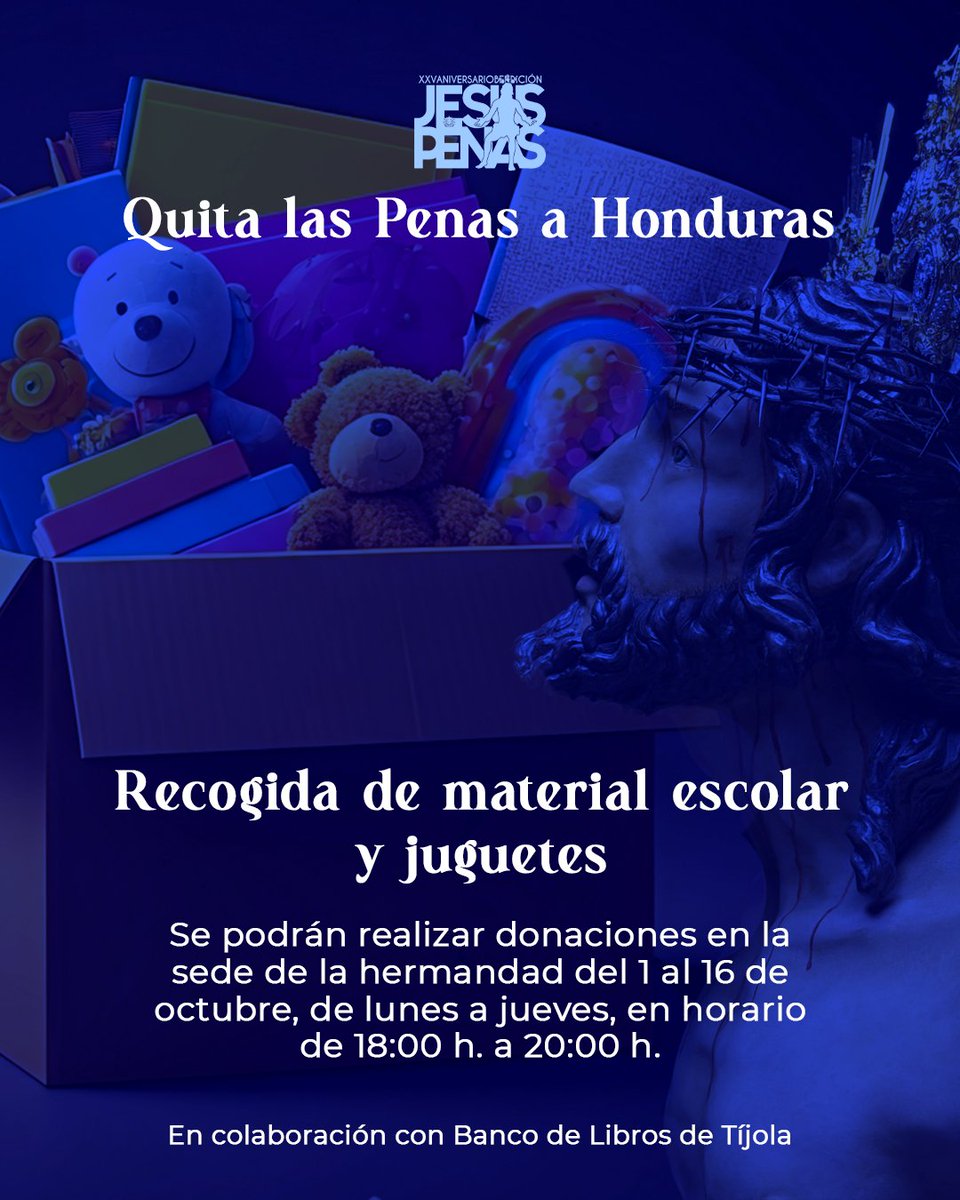 ⭐️ Desde el área de Caridad de la hermandad se pone en marcha una recogida de material escolar y juguetes.

Las donaciones serán entregadas al Banco de Libros de Tíjola para su posterior envío a Honduras.

Más información ⤵️