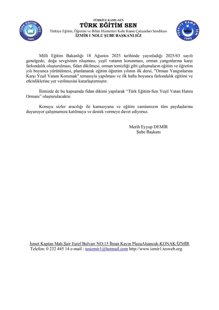 Türk Eğitim Sen organizasyonunda “Yeşil Vatan” temalı “11 Kasım Milli Ağaçlandırma Günü” etkinlikleri kapsamında Orman Bölge Müdürü Mahmut YILMAZ’ı ziyaret ettik.                                         Kıymetli müdürümüze misafirperverlikleri ve ilgileri için teşekkür ediyorum.