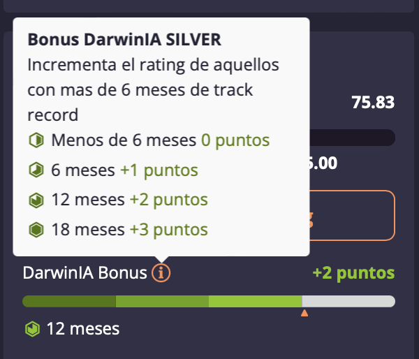 Nuevo sistema de Bonus para premiar los Track Record longevos en Silver!!!
Me parece una buena solución para equilibrar la desventaja del DD a que se enfrentaban los DARWINs mas antiguos frente a los de nueva creación.
👏👏👏