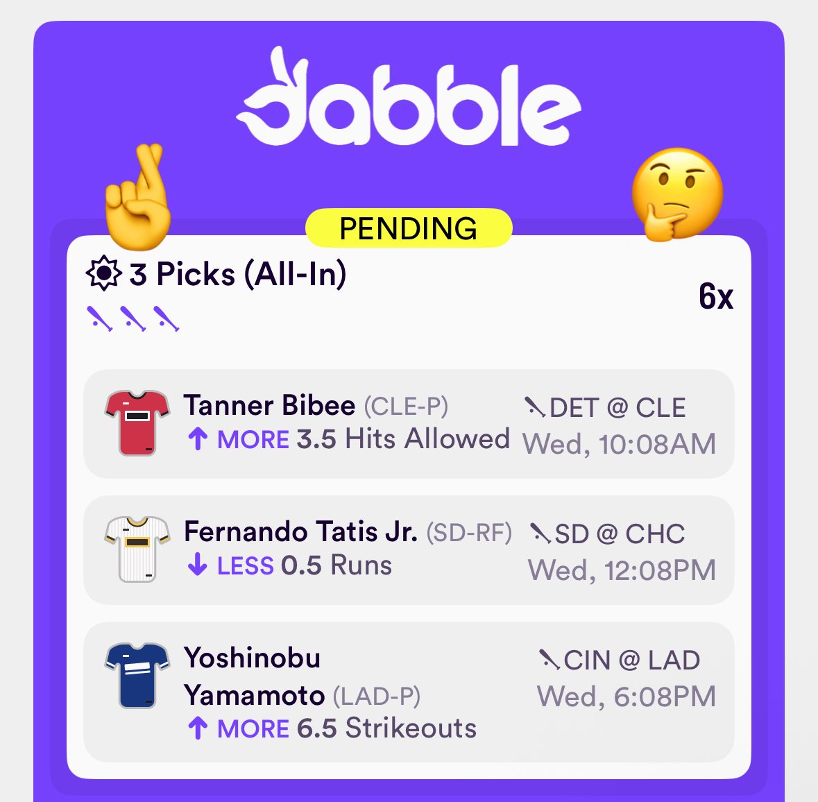 PicksWagon's tweet photo. Dabble Slip #2

Units: 1 unit
Multiplier: 6x
October 1, 2025

👉 https://t.co/vieRI0zgUO

#Dabble #MLBPicks https://t.co/Z2Sf0hfMO8