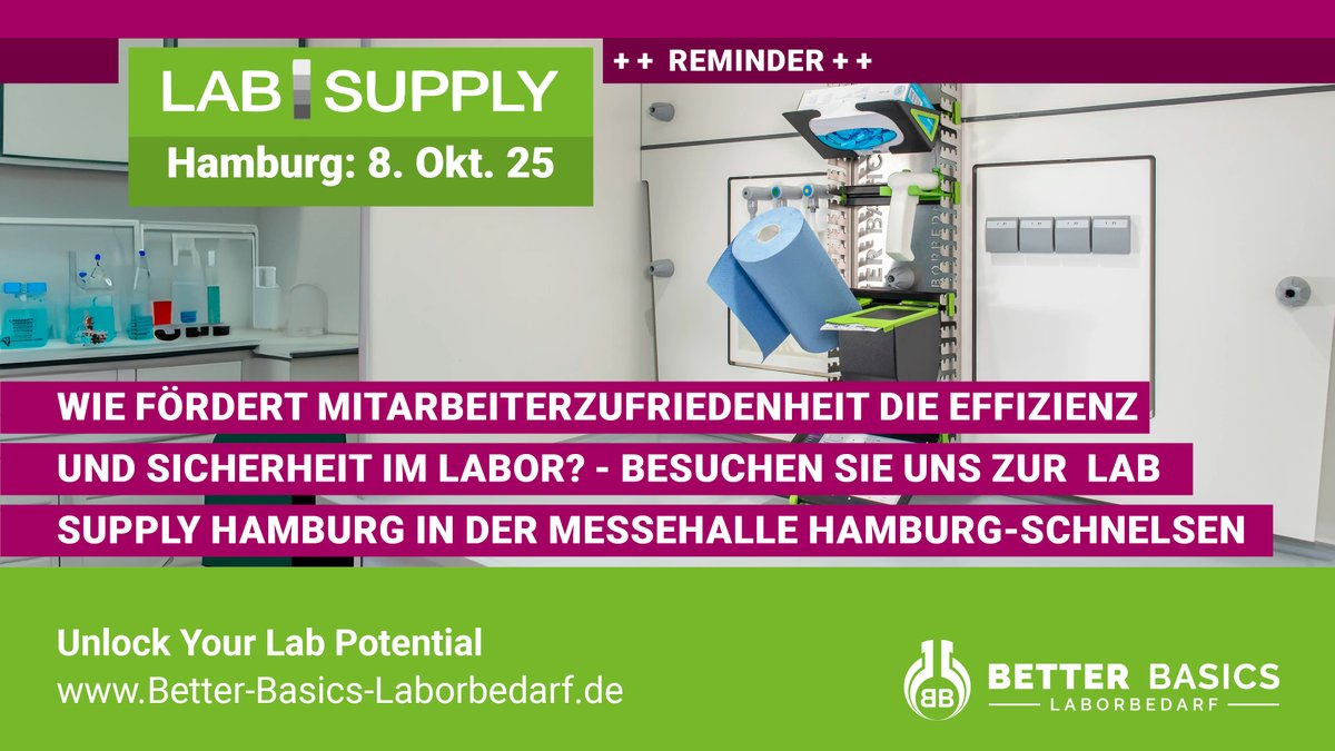 better_basics's tweet image. Wie fördert Mitarbeiterzufriedenheit die Effizienz und Sicherheit im Labor?
Erleben Sie SmartIntegrate live auf der LAB SUPPLY Hamburg!
📅 𝗗𝗮𝘁𝘂𝗺: 8. Oktober 2025
 🕒 𝗭𝗲𝗶𝘁: 9:30 – 15:30 Uhr
 📍 𝗢𝗿𝘁: MesseHalle Hamburg-Schnelsen GmbH | Modering 1a | 22457 Hamburg
