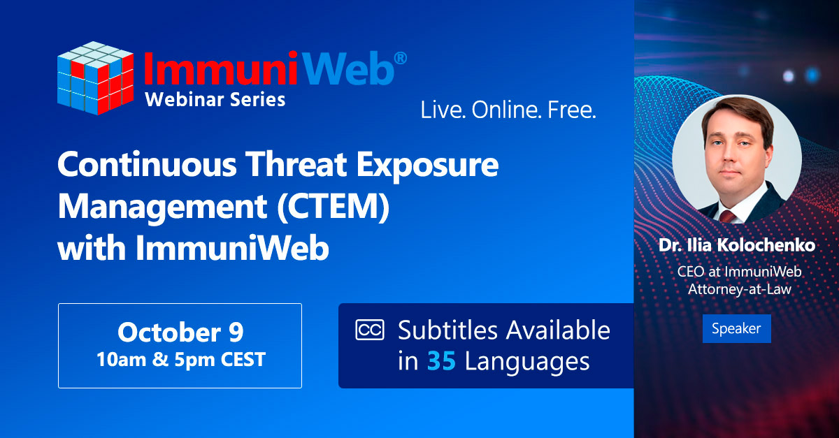 ImmuniWeb (@immuniweb) on Twitter photo 📅 Webinar – Oct 9
🎤 Dr. Ilia Kolochenko (ImmuniWeb)
✔️ CTEM & ASM strategy
✔️ CSPM in multi-cloud
✔️ Dark Web Monitoring
✔️ Ransomware & GenAI threats
✔️ Earn CPE + cert
✅ Register:
👉 10am CEST: zoom.us/webinar/regist…
👉 5pm CEST: zoom.us/webinar/regist… 📅 Webinar – Oct 9
🎤 Dr. Ilia Kolochenko (ImmuniWeb)
✔️ CTEM & ASM strategy
✔️ CSPM in multi-cloud
✔️ Dark Web Monitoring
✔️ Ransomware & GenAI threats
✔️ Earn CPE + cert
✅ Register:
👉 10am CEST: zoom.us/webinar/regist…
👉 5pm CEST: zoom.us/webinar/regist…