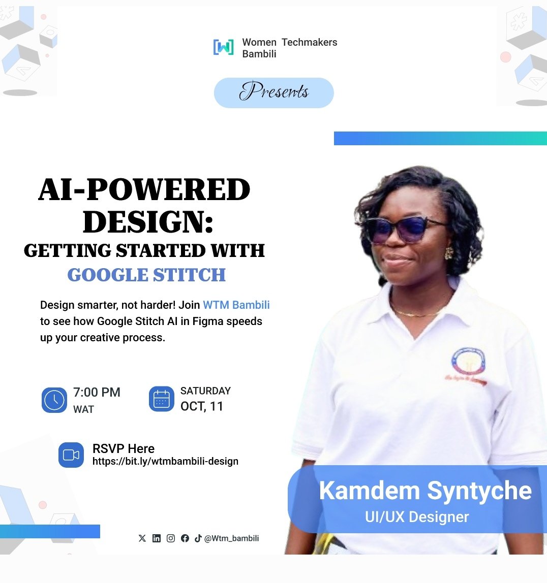 Calling all UI/UX designers for our session this October 11th on Getting Started with Google Stitch. 

Let's get the new month started with new knowledge!

RSVP here to save a spot and see you at 7pm on October 11th: bit.ly/wtmbambili-des…