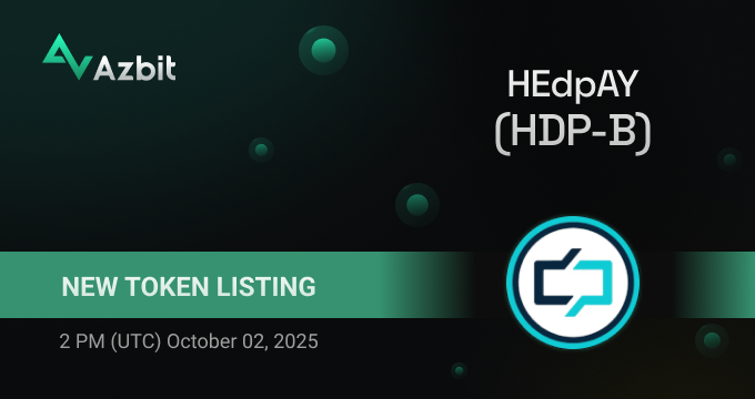 Listing Alert: HEdpAY (HDP-B)

Trading and withdrawals will open at 2 PM (UTC) October 2, 2025.
Deposits will open at 2 PM (UTC) October 20, 2025.
Trading pair: HDP-B/USDT

🚀Congratulations to the team and welcome to azbit.com!