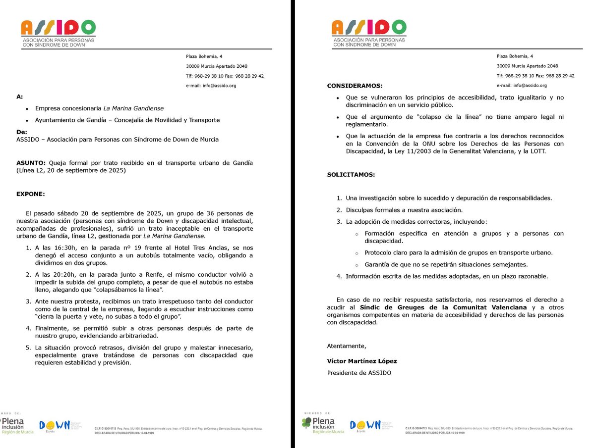 ASSIDOMURCIA's tweet image. 🚨 ASSIDO denuncia un trato discriminatorio en el transporte urbano de Gandía 🚨

A 36 personas con síndrome de Down y discapacidad intelectual se les impidió viajar juntas en la línea L2 pese a haber plazas libres. Hemos presentado queja al Ayuntamiento

#Inclusión