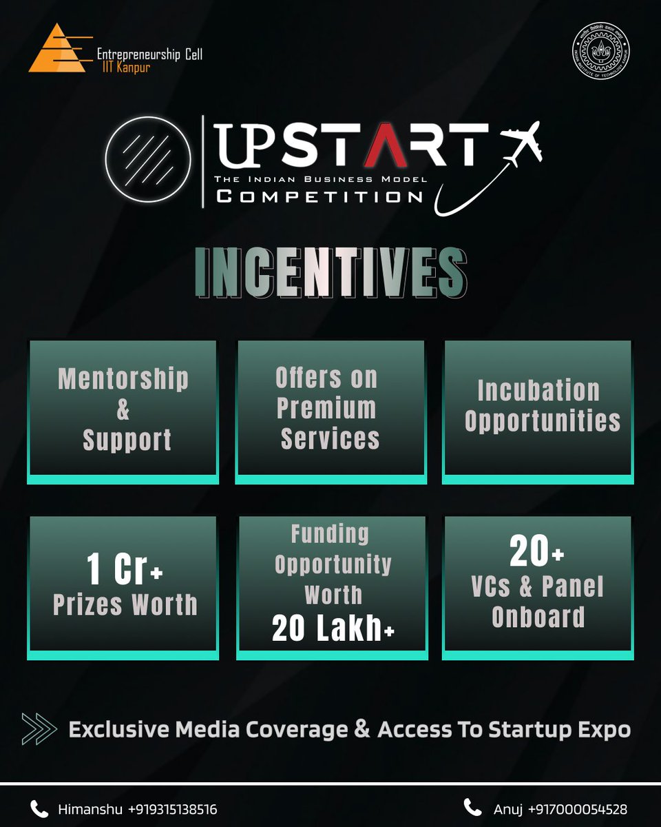saccindia's tweet image. SACC India is excited to share #UpStart25 by IIT Kanpur - The Indian #BusinessModel Competition!

Win prizes worth ₹1Cr+, get #mentorship, #funding up to ₹10L, incubation &amp;amp; access to 20+ VCs across Hyderabad, Delhi, Bangalore &amp;amp; Mumbai. 
Register: ecelliitk.org/upstart/