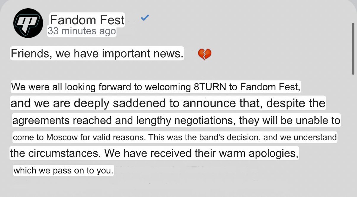 timaengji's tweet photo. GAAHH TURNIGS I have good news 8TURN'S PARTICIPATION IN THE RUSSIAN FESTIVAL HAS BEEN OFFICIALLY CANCELED‼️ I’m so happy and so soo grateful to every one of you who put your efforts into this 🥹 THANK YOU ALL WE REALLY DID ITTT https://t.co/PPR5kTG7C0