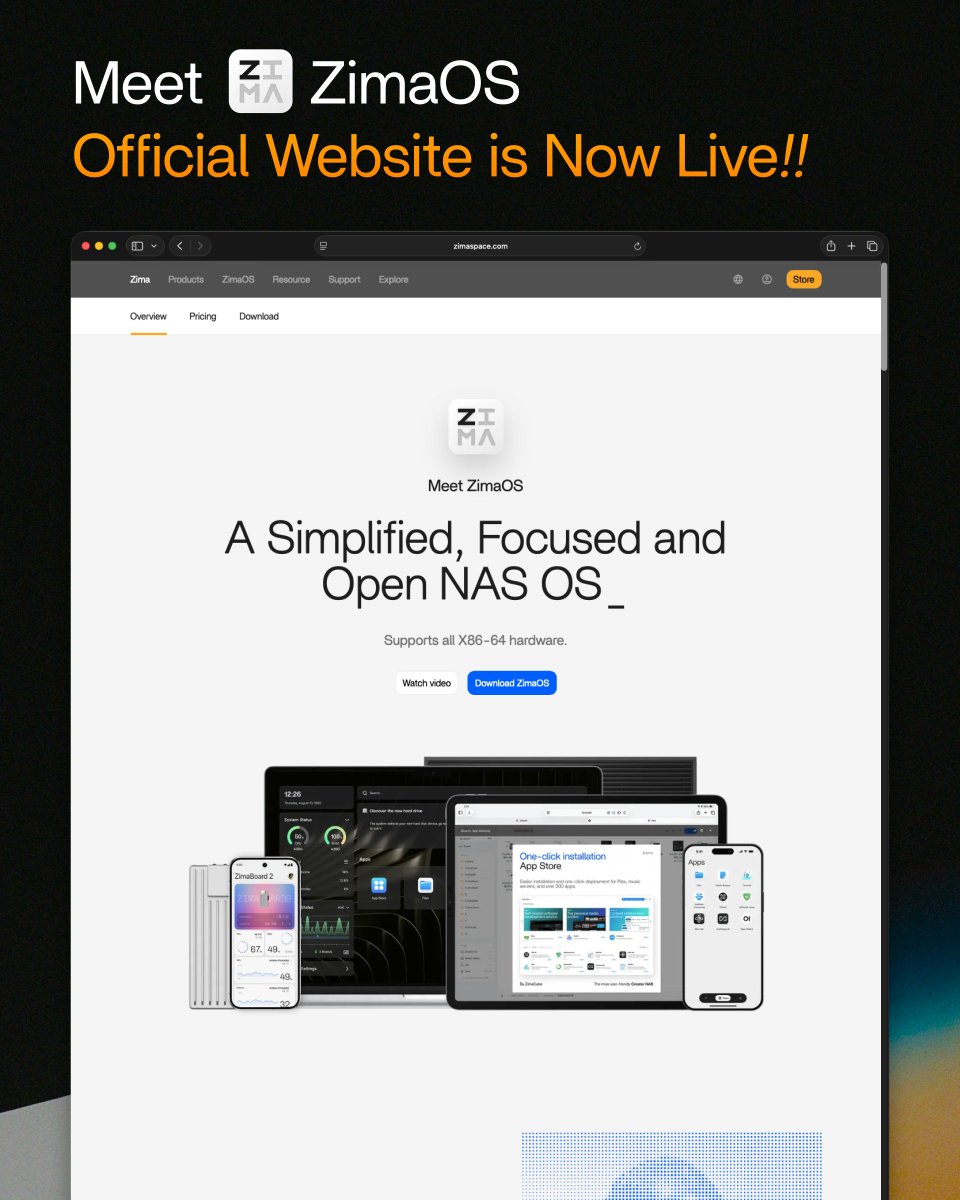 ZimaSpace's tweet image. Meet ZimaOS — a purpose-built NAS operating system. Our official website is now live—come take a first look!    bit.ly/4gUTzdF 

#zimaos #WebsiteLaunch #NowLive #NewWebsite #ProductUpdate
