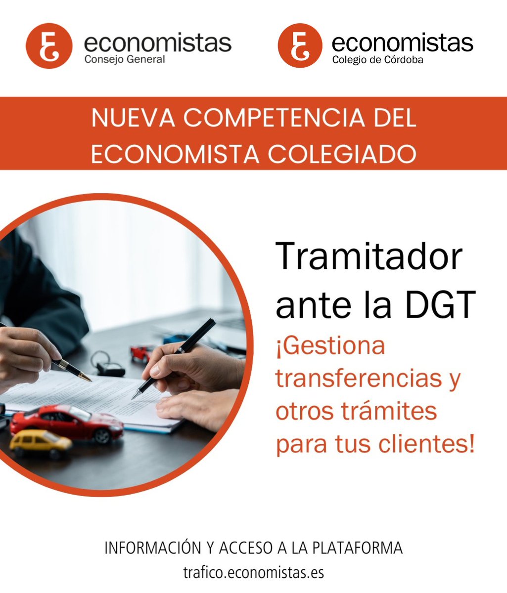 👥 Más cerca de ti:
Tu Economista colegiado ahora también es tu aliado en los trámites de tráfico.

✔ Transferencias de vehículos
✔ Notificaciones de venta
✔ Matriculaciones y bajas

ℹ️ trafico.economistas.es

#EcoTráfico #TrámitesDGT
