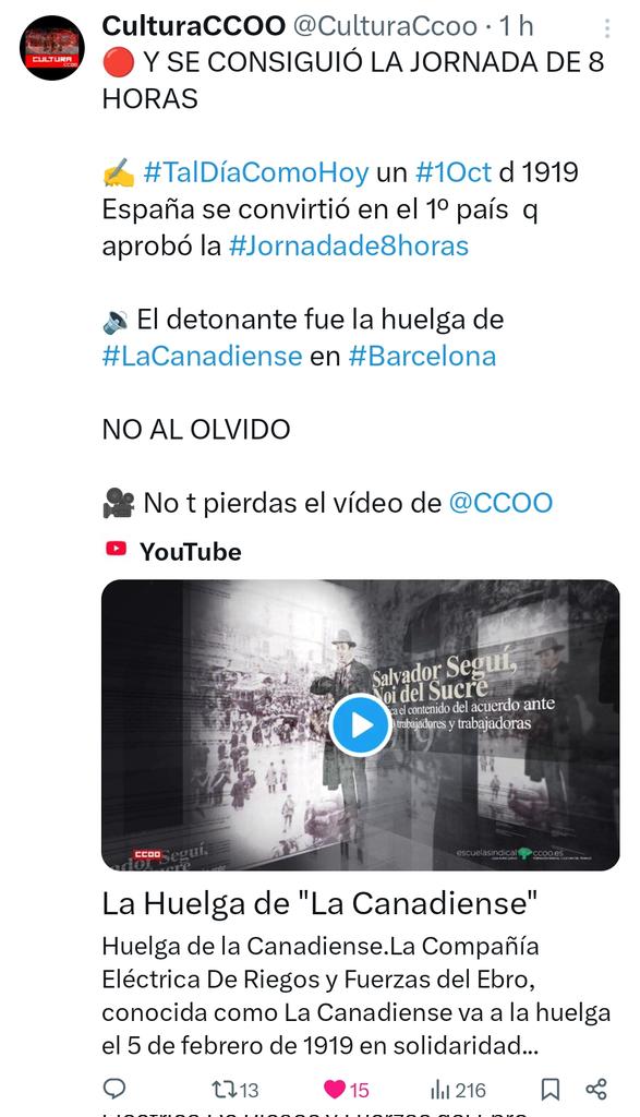 1 d'octubre. Coses a celebrar
1️⃣9️⃣1️⃣9️⃣ Jornada laboral de 8hores
1️⃣9️⃣3️⃣1️⃣ Dret de vot de les dones