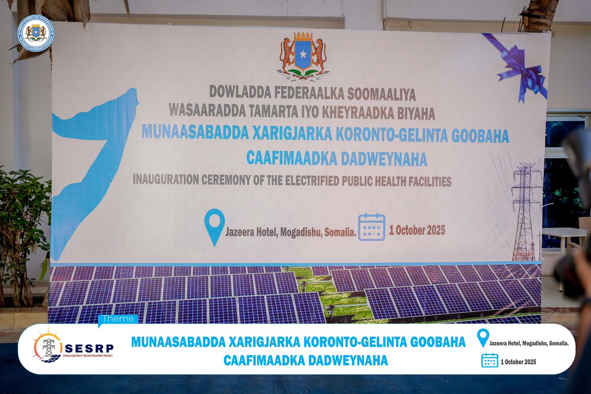 MoEWRSo's tweet image. @SomaliPM H.E. @HamzaAbdiBarre today officially launched the electrified of public healthcare facilities across Somalia.
This milestone initiative, spearheaded by the @MoEWRSo, is delivering reliable power to health centers nationwide.
#Somalia #RenewableEnergy #Developme